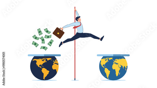 International businessman pole vaulting across the globe while money falls from his open briefcase for global expansion.
