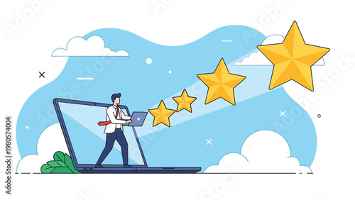 Successful businessman stepping out of a laptop screen while multiple shining stars follow his progress in a digital world.