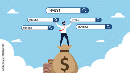 Successful businessman standing on a giant money bag while holding up multiple internet search bars for investing.