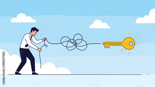 Patient businessman untangling a messy black thread to reach a golden key of success and solutions in a blue sky background.