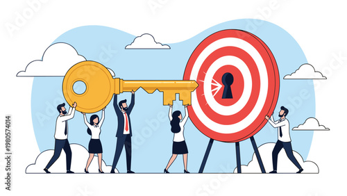 Team of business professionals working together to lift a giant gold key and unlock a red bullseye target for shared goals.