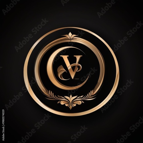 Luxury CV letters monogram logo in golden circular frame for corporate identity