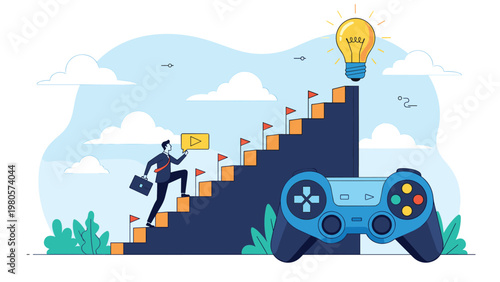 Businessman climbing a staircase towards a lightbulb of ideas while a giant video game controller sits in front.