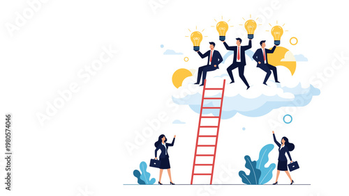 Business professionals climbing a red ladder towards a cloud where experts hold glowing lightbulb ideas for growth.
