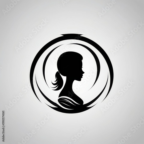 Minimalist female profile silhouette logo design in a circular black and white style