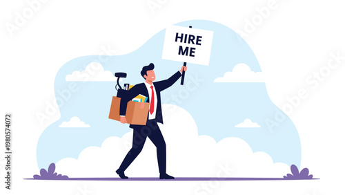 Enthusiastic businessman carrying a box of office supplies while holding up a HIRE ME sign for new employment opportunities.