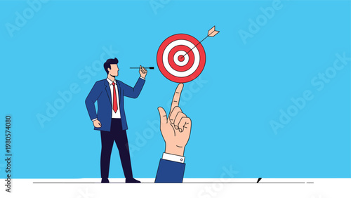 Focused businessman aiming a dart at a red bullseye target balanced on a large hand finger for high precision goals.