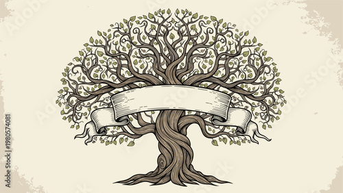 Ornate family tree illustration with swirling branches and green leaves featuring a blank vintage ribbon banner for custom text or names.