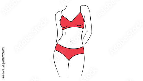 Minimalist outline of a slender female body wearing a vibrant red bra and panty set symbolizing lingerie fashion and body positivity.