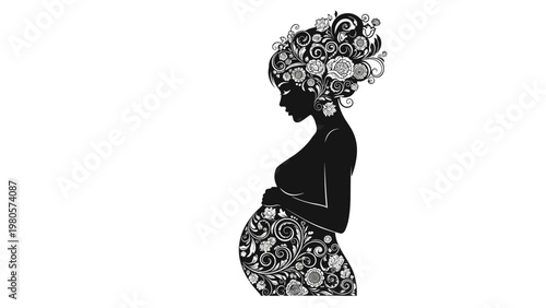 Beautiful silhouette of a pregnant woman filled with intricate floral patterns celebrating the journey of motherhood and new life.