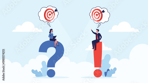 Problem solving and goal orientation concept featuring a man and woman sitting on giant punctuation marks while thinking about targets.