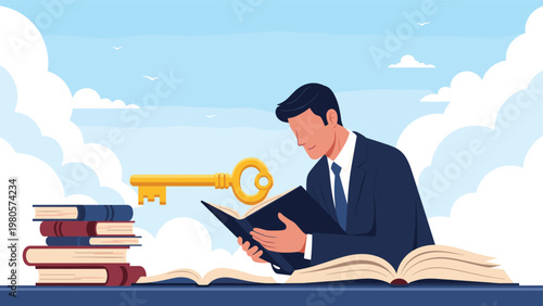Education and knowledge as the key to success concept with a businessman reading a giant book while a golden key floats in the blue sky.