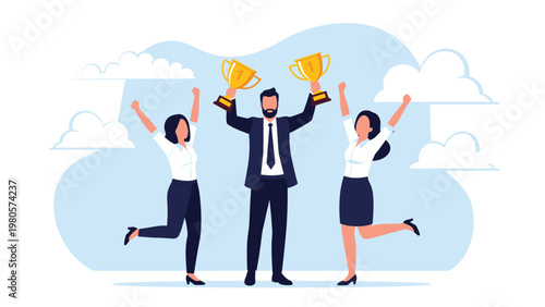 Business team celebrating victory with a leader holding two golden trophies while female colleagues cheer for their collective success.