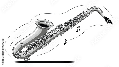 Detailed grayscale illustration of a saxophone musical instrument with flowing lines and music notes to express rhythm and jazz melodies.