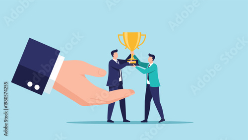 Corporate support and mentorship concept showing a giant hand helping two businessmen lift a heavy golden trophy for collaborative success.