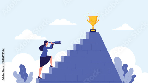 Career ambition and long term goals concept with a businesswoman looking through a telescope at a trophy on top of a high stepped pyramid.