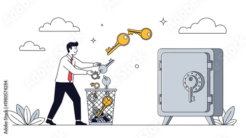 Security failure and lost opportunities concept showing a man throwing many keys into a wastebasket while a safe remains locked nearby.