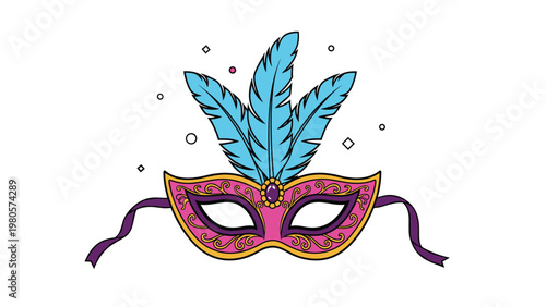 Ornate pink carnival mask decorated with golden swirls purple accents and three large blue feathers for a masquerade or mardi gras event.