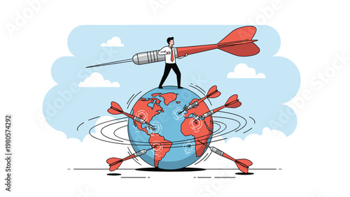 Global targeting and international business strategy concept with a man on top of the world aiming a giant dart at various locations.