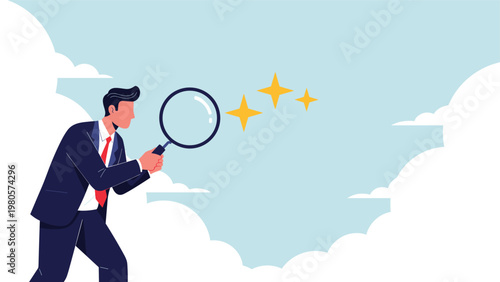 Search for excellence and quality control concept featuring a businessman using a magnifying glass to inspect three glowing stars.