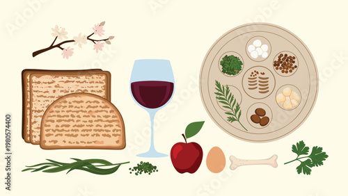 Assorted Passover Seder plate components including matzah unleavened bread red wine glass egg bone herbs and fruit for the Jewish holiday.