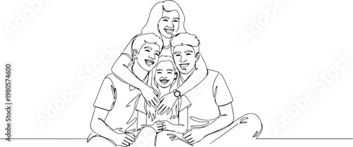Line of four smiling women embracing in a close group hug