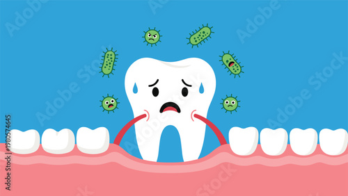 Sad cartoon tooth character with sweat drops surrounded by green bacteria germs on a blue background to promote dental hygiene awareness.