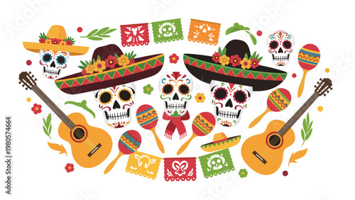 Colorful Day of the Dead celebration display with decorated sugar skulls guitars maracas flowers and festive papel picado banners on white.