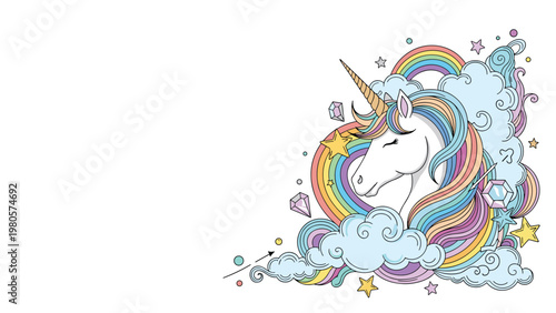 Magical white unicorn with a rainbow mane and golden horn surrounded by fluffy blue clouds sparkling stars and crystals in a dreamy scene.