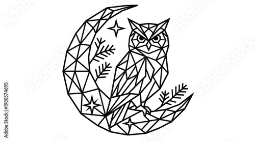 Minimalist Geometric Owl Perched on Crescent Moon | Modern Forest Night Polygon Line Art Isolated Transparent PNG