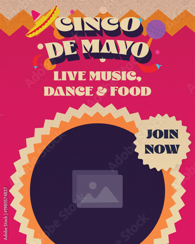 Colorful Cinco de Mayo poster with festive sombrero, chili, and maracas. Perfect for promoting live music, dance, and food events with vibrant cultural vibes