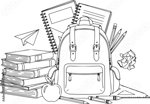 Open white backpack surrounded by stacked books pencils eraser and crumpled paper on desk