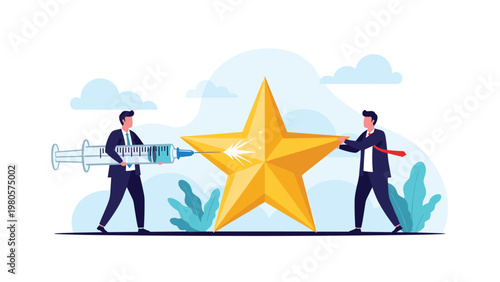 Two business professionals using a large syringe to inject a giant golden star with a booster for success and performance improvement.