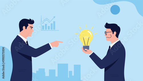 Businessman pointing accusingly at another professional who is holding a glowing light bulb representing a conflict over a new business idea.