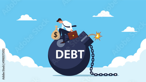 Concerned businessman sitting on a large round bomb labeled debt while holding a bag of money and his briefcase in a crisis.
