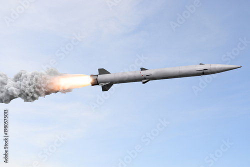 Gray missiles launch skyward, trailing smoke. Clouds drift behind,
