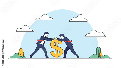 Rival businessmen pushing against each other with a large golden dollar sign positioned between them representing financial competition and conflict.