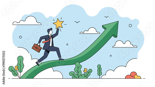 Successful businessman carrying a briefcase and holding a golden star while walking up a large green rising arrow toward growth.