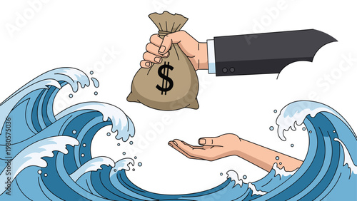 Large hand reaching down to offer a heavy bag of money to another hand emerging from turbulent sea waves as a financial rescue.