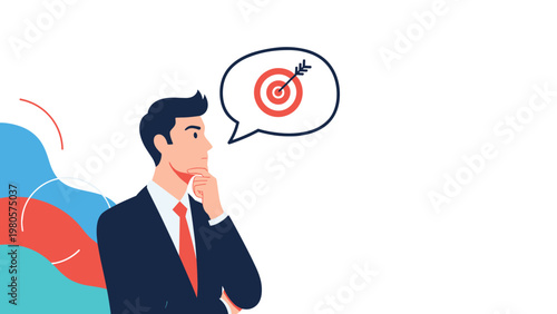 Thoughtful businessman in a suit with his hand on his chin thinking of a target symbol inside a speech bubble for goal setting.