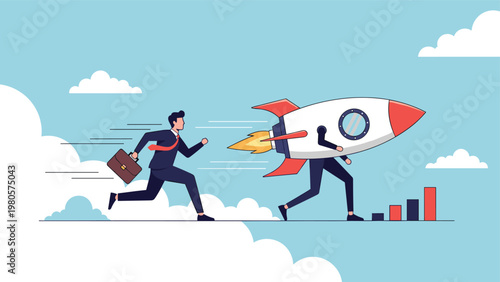 Businessman running fast with his briefcase next to a rocket ship on legs representing a high speed startup and business growth.
