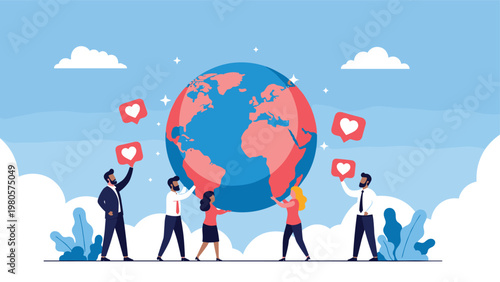 Group of diverse business people working together to support a giant globe surrounded by red heart icons for global social media awareness.