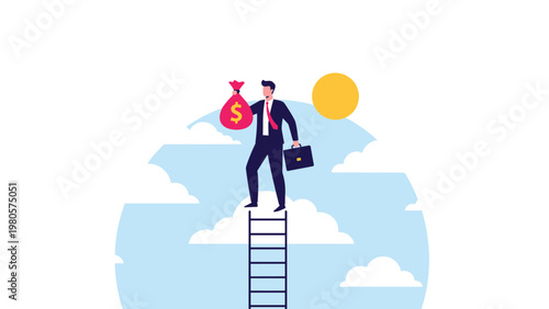 Businessman standing on top of a tall ladder high in the clouds while holding a red bag of money toward the sun for peak success.