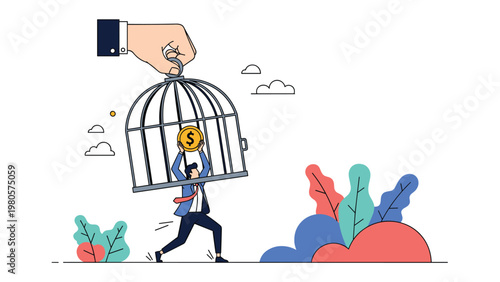 Giant hand lowering a birdcage over a businessman carrying a gold coin to represent financial limitations and being trapped by money.