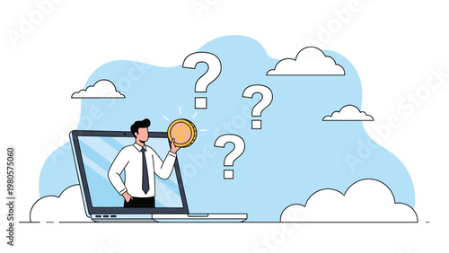 Businessman emerging from a laptop screen holding a golden coin while surrounded by large question marks about digital finance and online business.