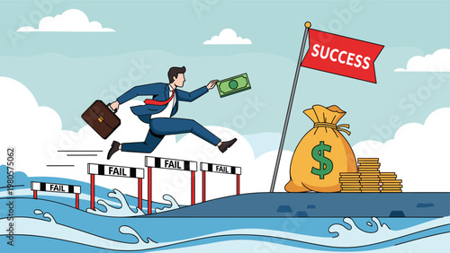 Determined businessman jumping over water hurdles labeled with failure to reach an island with a success flag and a bag of money.