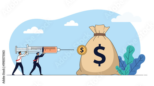 Two business professionals pushing a large syringe to inject a stimulus into a massive bag of money for financial growth and recovery.