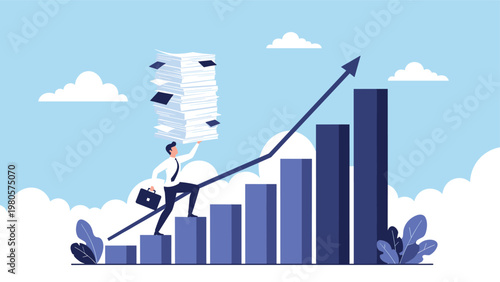 Businessman climbing up a rising bar chart while balancing a massive stack of paperwork representing a heavy workload during business growth.