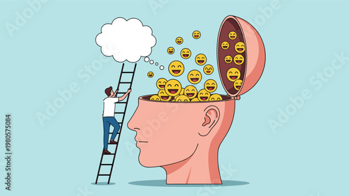 Person climbing a tall ladder to look inside a giant human head overflowing with yellow smiley faces for a study on happiness and positivity.