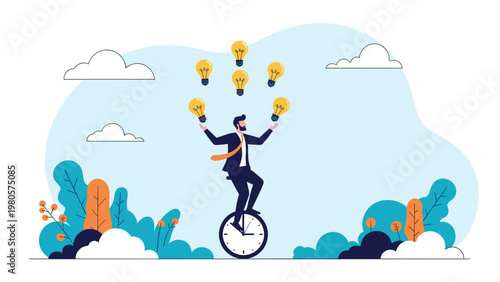 Skillful businessman juggling multiple glowing light bulbs while riding a unicycle balanced on a large clock face for efficient time management.